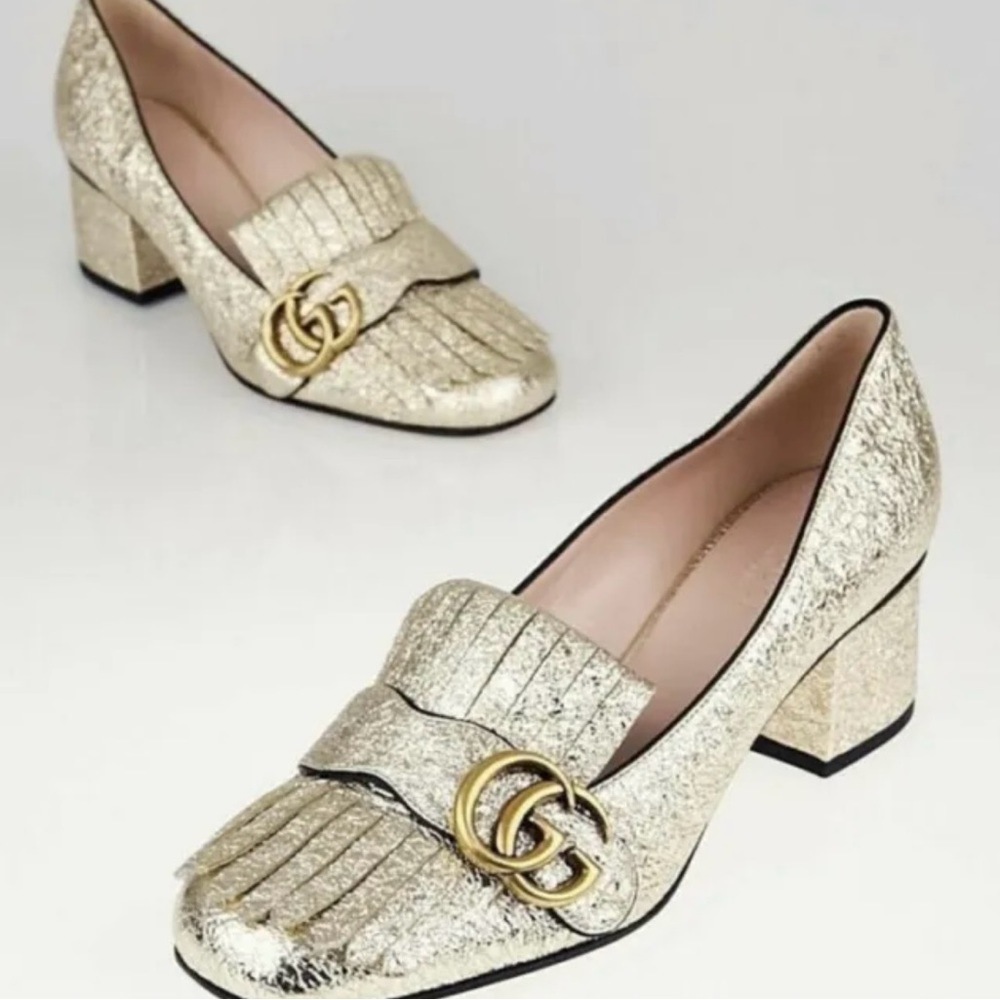 GUCCI LAMINATE LEATHER  WITH FRINGE LUXURY LOAFER PUMPS MARMONT GG GOLD  US 5.5